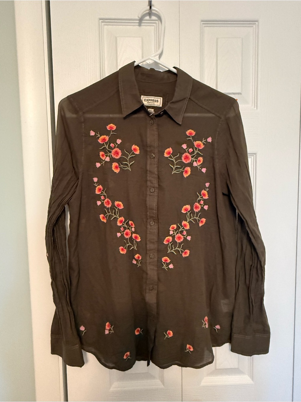 Express Boyfriend Blouse Olive Green With Embroidered Flowers